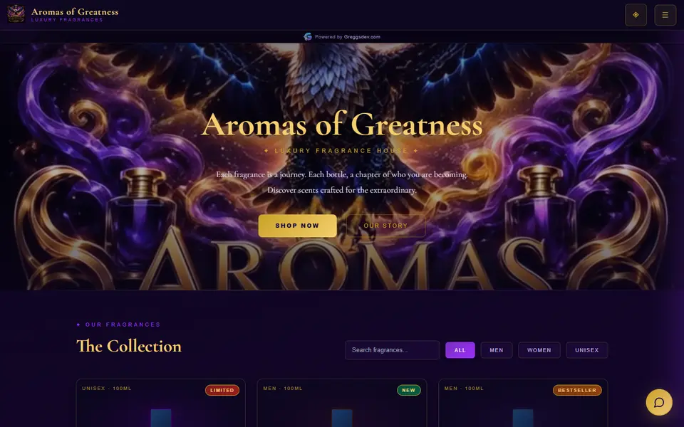 Aromas of Greatness website on a laptop