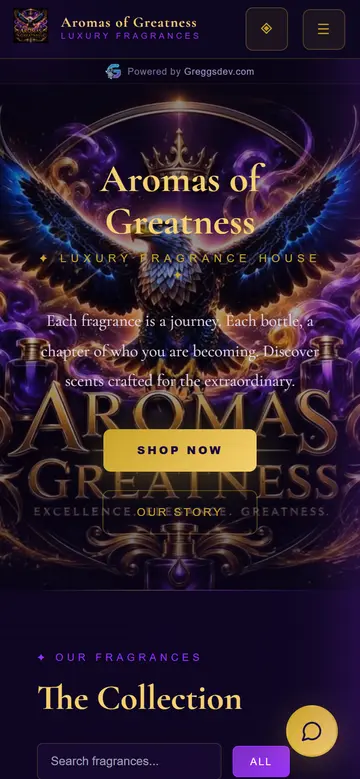 Aromas of Greatness website on a phone